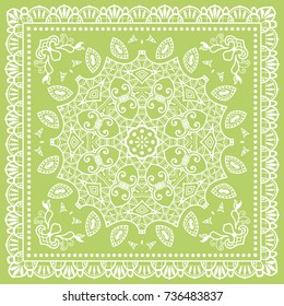 Decorative abstract stylized geometric background, floral doodle lace pattern with ornate frame. Tribal ethnic ornament. Bandanna shawl fabric print, silk neck scarf or kerchief design