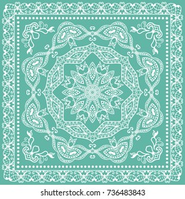 Decorative abstract stylized geometric background, floral doodle lace pattern with ornate frame. Tribal ethnic ornament. Bandanna shawl fabric print, silk neck scarf or kerchief design
