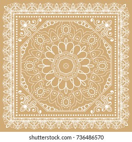 Decorative abstract stylized geometric background, floral doodle lace pattern with ornate frame. Tribal ethnic ornament. Bandanna shawl fabric print, silk neck scarf or kerchief design