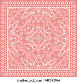 Decorative abstract stylized geometric background, floral doodle lace pattern with ornate frame. Tribal ethnic ornament. Bandanna shawl fabric print, silk neck scarf or kerchief design