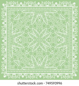 Decorative abstract stylized geometric background, floral doodle lace pattern with ornate frame. Tribal ethnic ornament. Bandanna shawl fabric print, silk neck scarf or kerchief design