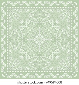 Decorative abstract stylized geometric background, floral doodle lace pattern with ornate frame. Tribal ethnic ornament. Bandanna shawl fabric print, silk neck scarf or kerchief design