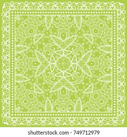 Decorative abstract stylized geometric background, floral doodle lace pattern with ornate frame. Tribal ethnic ornament. Bandanna shawl fabric print, silk neck scarf or kerchief design