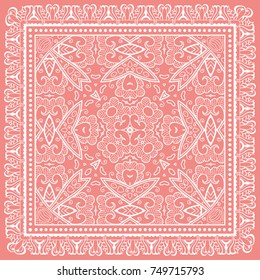 Decorative abstract stylized geometric background, floral doodle lace pattern with ornate frame. Tribal ethnic ornament. Bandanna shawl fabric print, silk neck scarf or kerchief design