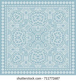 Decorative abstract stylized geometric mandala background, floral doodle lace pattern with ornate frame. Tribal ethnic ornament. Bandanna shawl fabric print, silk neck scarf or kerchief design