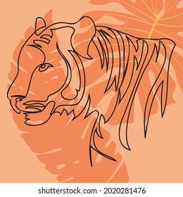 Decorative abstract tiger portrait in line art style with tropical leaves background.