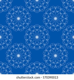 Decorative abstract vector illustration. Geometric seamless pattern on blue background made of Greece's flag colors