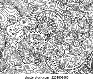 Decorative abstract vector seamless pattern with beautiful figured ornamental lines. Handwritten curling ornament