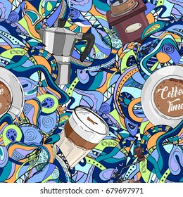 Decorative abstract vector seamless pattern with lines and doodles. Coffee, cafe and coffee shop concept. 