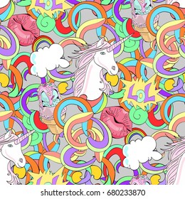 Decorative abstract vector seamless pattern with unicorn, rainbow, lips and ice cream.