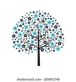 Decorative abstract vector tree in blue bloom isolated on white background