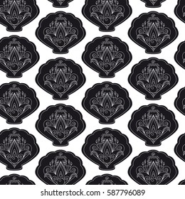 Decorative abstract wallpaper or pattern with lotus flower with shell and pearl, curving petals. Linear black vector texture, isolated on background.