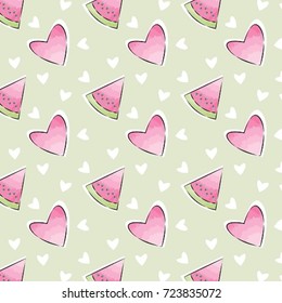 Decorative, abstract watermelon and hearts pattern which can be used for design fabric, backgrounds, 
wrapping paper, packages