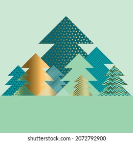 Decorative abstract Xmas tree shapes with assorted patterns for card, header, invitation, poster, social media, post publication. 