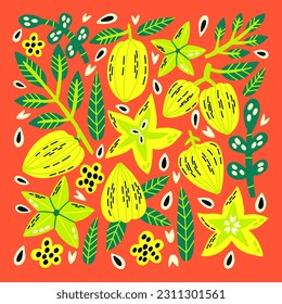 Decorative acid set tropical fruit carambola and leaf.  Exotic fresh food vibrant neon collection. Hand drawn vector