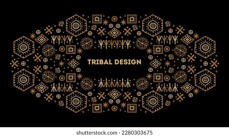 Decorative african border. Bright orange and black art decoration shapes. Vector tribal frame. Line style with space for text - geometric ethnic frame, luxury packaging, advertising, banner