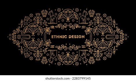 Frontera africana decorativa, plantilla de cubierta Egipt lineal vectorial. La decoración es de arte negro y naranja brillante. Estilo de línea con espacio para texto - marco étnico geométrico, embalaje de lujo, publicidad, 