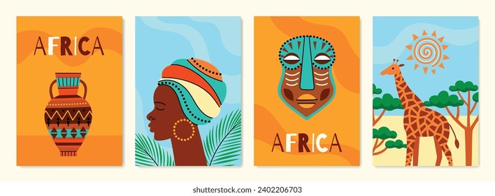 Afiches de elementos africanos decorativos. Objetos tribales tradicionales, máscara, perfil femenino, buque arcilla, jirafa, material etnográfico, tarjetas vectoriales.eps
