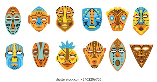 Decorative african masks. Cartoon ethnic elements, traditional culture, tribal colors and patterns, different totems proportions, vector set.eps
