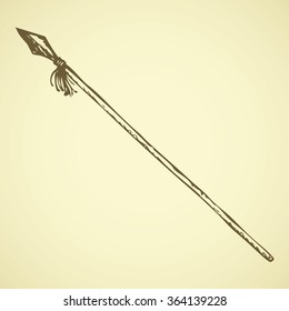 Decorative aged iron cossack murder glaive harpoon tool isolated on white background. Freehand outline ink hand drawn scribble icon picture sketchy pen on paper. Closeup view with space for text