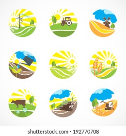 Decorative agriculture and farming landscape icons set isolated vector illustration