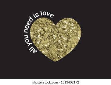 Decorative All You Need is Love Text with Golden Sequin Heart Ornament