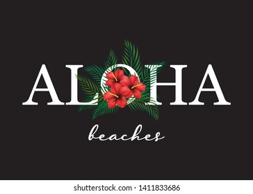 Decorative Aloha Text with Red Hibiscus Flowers and Tropical Leaves