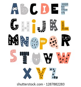 Decorative Alphabet In Animal Style. Creative Kids Font. Great For Education, Home Decor. It Be Used For Funny T-shirt Quotes,poster,cards And Kids Fashion Prints. Vector Illustration