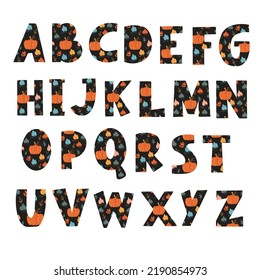 Decorative alphabet . Autumn print of pumpkin and leaves on a black background. For the design of beautiful inscriptions, postcards, posters, congratulations.
