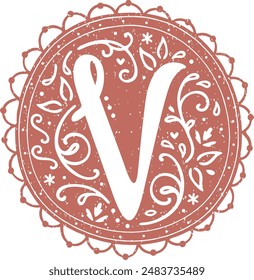 Decorative alphabet capital initial letter in romantic floral lace design with old paper texture - V