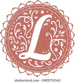 Decorative alphabet capital initial letter in romantic floral lace design with old paper texture - L