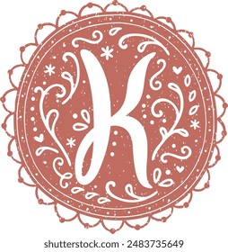 Decorative alphabet capital initial letter in romantic floral lace design with old paper texture - K