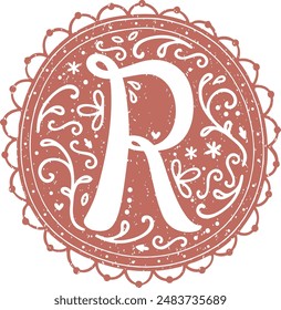 Decorative alphabet capital initial letter in romantic floral lace design with old paper texture - R