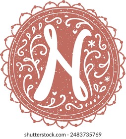 Decorative alphabet capital initial letter in romantic floral lace design with old paper texture - N