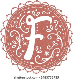 Decorative alphabet capital initial letter in romantic floral lace design with old paper texture - F