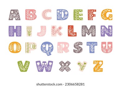 Decorative Alphabet With Floral Elements. Ornate Letters Adorned With Intricate Blooms, Bringing A Touch Of Elegance And Nature-inspired Beauty To Any Design Or Project. Cartoon Vector illustration