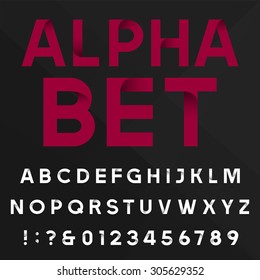 Decorative alphabet font. Sans serif type letters, numbers and symbols on a dark  background. Stock vector typography for headlines, posters etc. Easy color change.