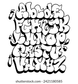 Decorative alphabet graffiti freestyle wild destructive street art letters on city wall urban illegal action using aerosol spray paint, colored black and white, underground hip hop type vector illustr