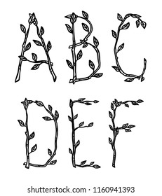Decorative alphabet letters made of tree branches. Nature vector hand drawn symbols in black isolated over white.