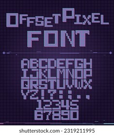 Decorative alphabet letters with Offset Printing effect. Pixel-style Vector font design. Use for game design, web, poster, and business. Pink , purple, and blue color offset lighting words