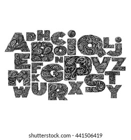 Decorative Alphabet with a paisley zen doodle tattoo ornaments filling. Display font. Large letters set. Hand drawn letters in old fashion vintage style. Used for quote lettering. Golden colors.