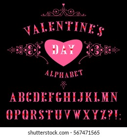 Decorative alphabet with red hearts on a black background. Luxury Elegant Happy Valentine Day festive layout template design.Vector font. Retro style.
