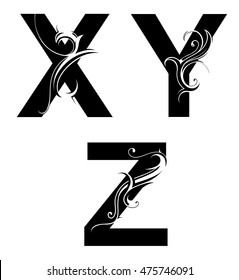 Decorative alphabet set. Font type X, Y, Z letters