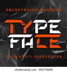 Decorative alphabet typeface. Geometric type letters and numbers on a grey polygonal background. Vector font for your design.