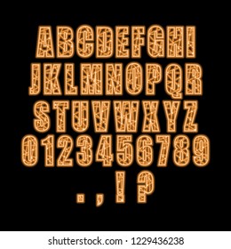 Decorative alphabet vector font. Letters symbols and numbers. Typography for headlines, posters etc. Molecule And Communication style. Connected lines with dots. Neon bulb shine