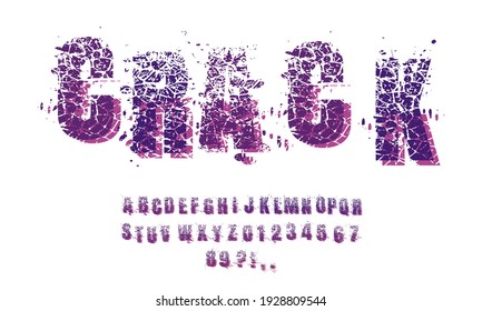 Decorative Alphabet Vector Font. Letters Symbols And Numbers. Typography For Headlines, Posters Etc. Shattered Style. Grunge Texture