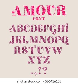 Decorative alphabet vector font. Letters symbols with outline hearts icons. Typography for headlines, posters, logos etc. Relative for Valentines Day congratulations