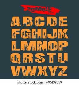 Decorative alphabet vector font. Letters symbols with cutout zombies silhouettes. Typography for headlines, posters and greeting cards