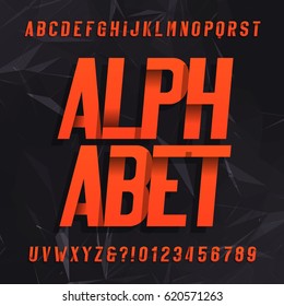 Decorative alphabet vector font. Oblique letters symbols and numbers  on a dark abstract background. Typography for headlines, posters, logos etc.