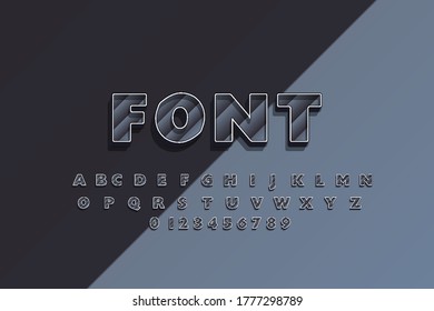 Decorative alphabetic vector font. 3D letters, symbols and numbers with stripes. Typography for headlines, posters, logos, etc.